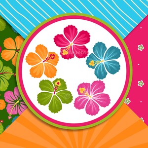 Summer Digital Paper Set With Hibiscus Flowers Clip Arts, Backgrounds, Hawaii, Party Decorations, Banner, Luau, illustrations image 5
