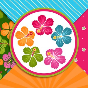 Puede incluir: Un c&iacute;rculo blanco con un borde verde y un borde rosa, con seis flores de hibisco de colores dentro. El fondo es un patr&oacute;n de verde, azul, rosa y naranja.