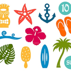 Beach, 10 SVG Cut Files Prints and Crafts Commercial Use Summer Hibiscus Flower Tiki Hawaii Wave Surf Palm Clip Arts Cricut Sublimation image 2