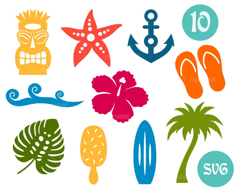 Beach, 10 SVG Cut Files Prints and Crafts Commercial Use Summer Hibiscus Flower Tiki Hawaii Wave Surf Palm Clip Arts Cricut Sublimation image 2