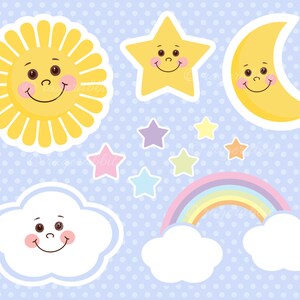 Sonne Baby Vektor Illustrationen, Wolken, Regenbogen, Sterne, Mond, Set, Clip Art, Polka Dots, Baby Sonne, niedliche Wolke, niedliche Sonne, niedlicher Mond