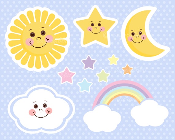 Sun Baby Vector Illustrations Clouds Rainbow Stars Moon Etsy