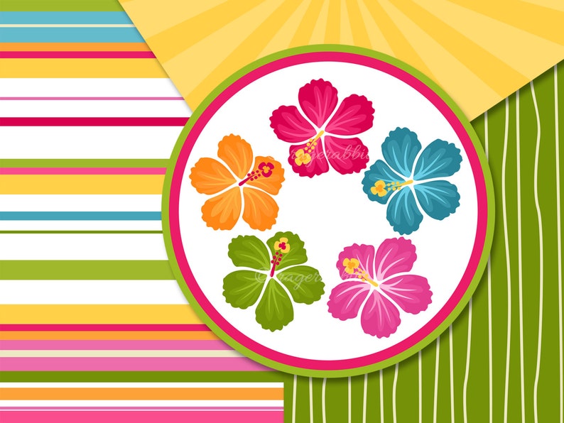 Puede incluir: Un c&iacute;rculo blanco con un borde verde y un borde rosa sobre un fondo de rayas de colores. Dentro del c&iacute;rculo hay cinco flores de hibisco de colores con centros amarillos.