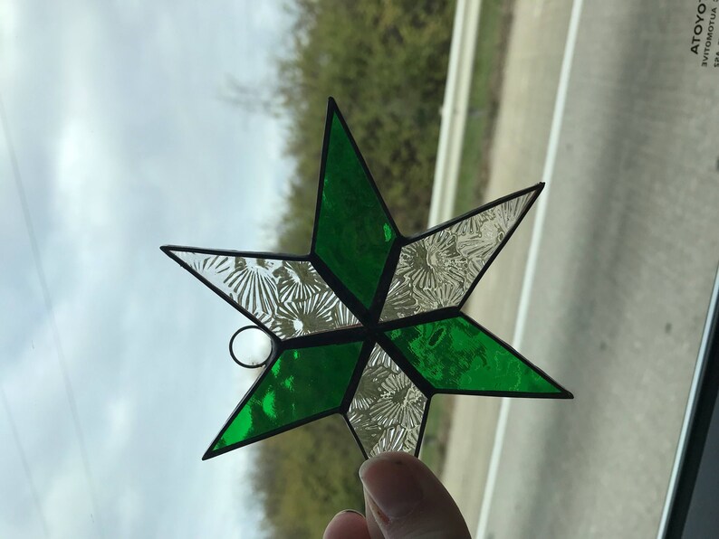 GREEN Stained glass six point star ornament