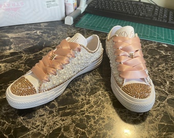 Pearl Low Top Custom Bling Converse for Women. Personalize Bridal, Wedding, Sorority, Sweet 16, Anniversary, Party Shoes.Bedazzled Gift Idea