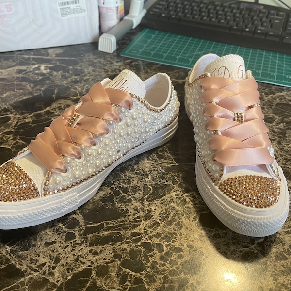 Pearl Low Top Custom Bling Converse for Women. Personalize Bridal, Wedding, Sorority, Sweet 16, Anniversary, Party Shoes.Bedazzled Gift Idea