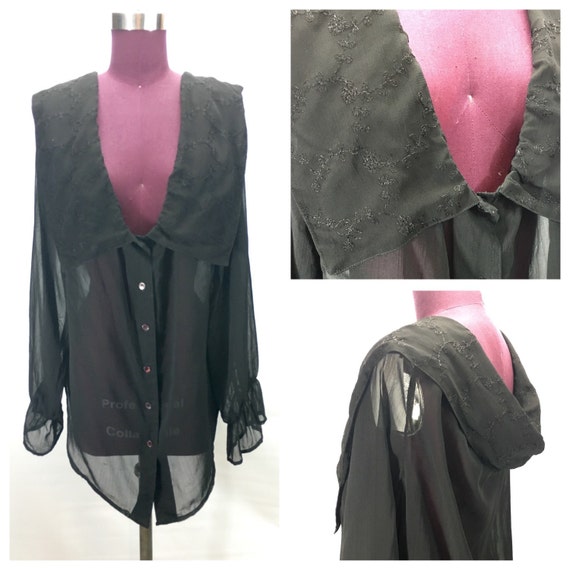 90s Vtg M Medium Black Button Down WIDE NECK Coll… - image 1