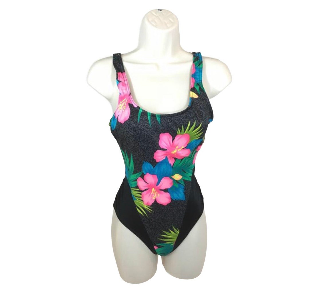 Vintage Bodysuit S M 90s Swimsuit Colorful Swimming Costume Small Medium  Snap Crotch Leotard Marine Sea Beach Print Sleeveless Bodysuit S M 