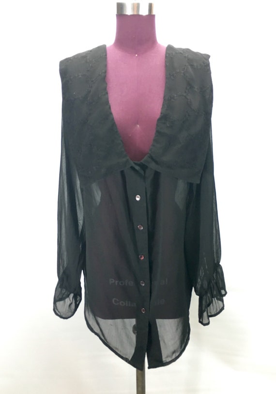 90s Vtg M Medium Black Button Down WIDE NECK Coll… - image 3