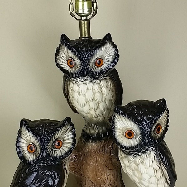 Mid Century Plaster Owl Lamp, 1950s Chalkware Lamp, Three Owls Lamp