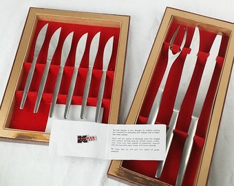 Kalmar Design Six Piece Steak Knife Set with Three Piece Carving Set, In Original Boxes, Excellent Condition, Italian