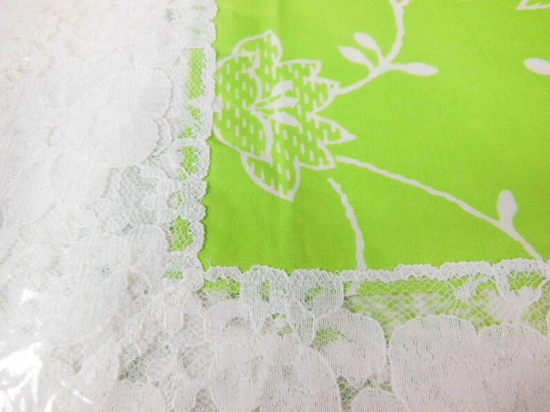 NOS New Old Stock With Original Label and Packaging Green Print and White Lace Tablecloth by Fifth Avenue Original