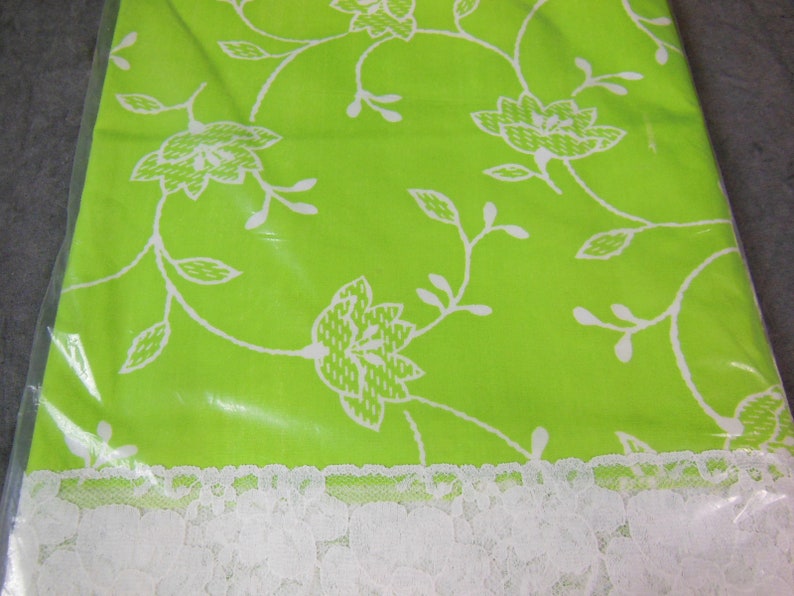 NOS New Old Stock With Original Label and Packaging Green Print and White Lace Tablecloth by Fifth Avenue Original