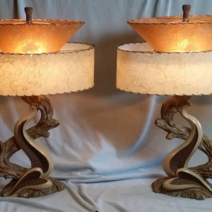 A Pair of Mid Century Lamps, Continental Art Co, 1950s Chalkware Lamp With Spun Fiberglass Shade