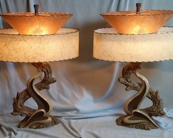 A Pair of Mid Century Lamps, Continental Art Co, 1950s Chalkware Lamp With Spun Fiberglass Shade