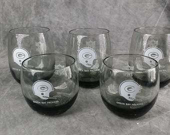 Five Green Bay Packers Roly Poly Glasses Smokey Grey Barware, 8 ounce, 12 ounce