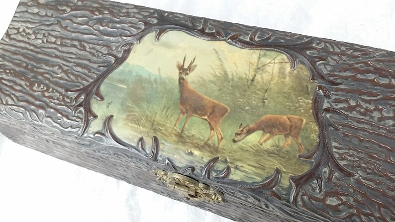 Wooden Trinket Box Trinket Box With Tree Bark Finish Small Wood Box Hunters Box With Woodland Scene Hunters Trinket Box