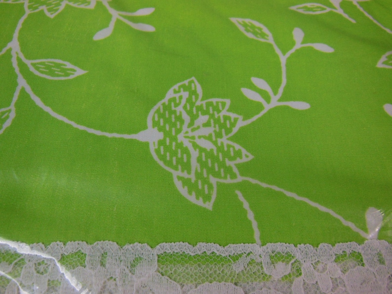 NOS New Old Stock With Original Label and Packaging Green Print and White Lace Tablecloth by Fifth Avenue Original