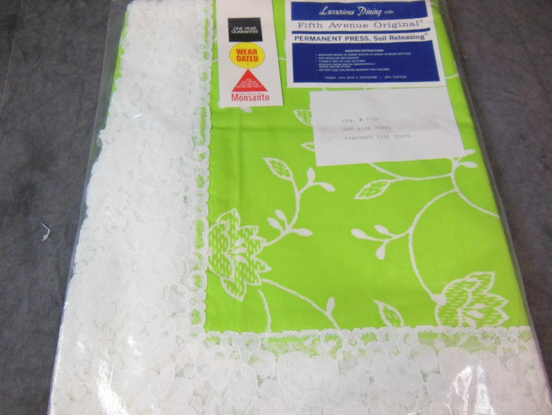 NOS New Old Stock With Original Label and Packaging Green Print and White Lace Tablecloth by Fifth Avenue Original