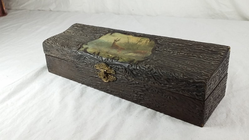 Wooden Trinket Box Trinket Box With Tree Bark Finish Small Wood Box Hunters Box With Woodland Scene Hunters Trinket Box