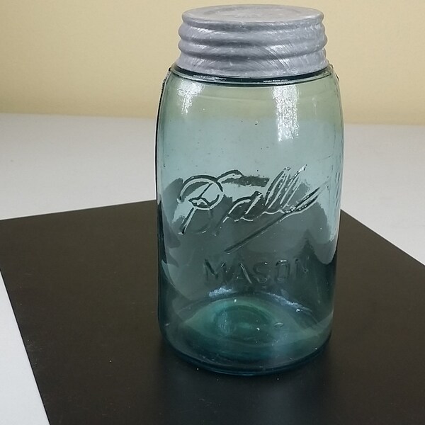 Blue Ball Quart Sized Canning Jars With Galvanized Ball Lid, Mason Jar, Vintage Kitchen