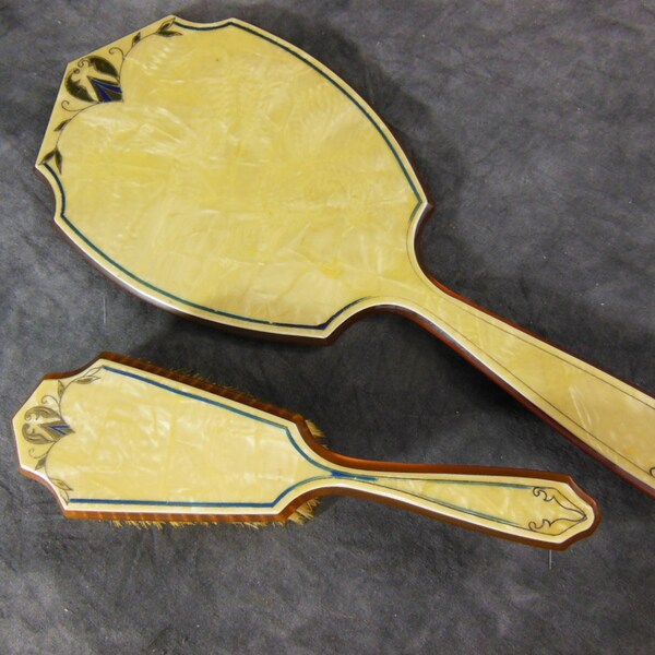 Vintage Hand-held Mirror and Brush In Butterscotch Bakelite Frame