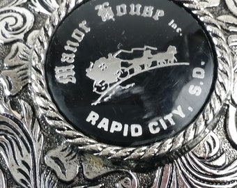 Engraved Silver Tone Belt Buckle, Manor House South Dakota 