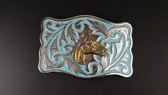 Vintage Western Horse Belt Buckle, Engraved Silver Tone - Etsy display picture 1