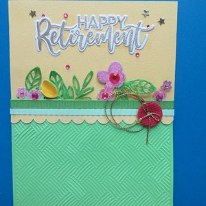 Retirement, large gold "Happy Retirement" - colorful card with flowers, one-of-a-kind!