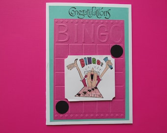 Bingo WIN! "Congratulations" card for winning,  Lady celebrating!!! fun card