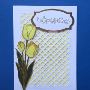 Cartão de casamento, feito à mão, único!  Cartão brilhante e colorido decorado com tulipas, "Parabéns".