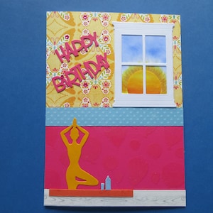 Yoga Birthday Card, "Happy Birthday", yoga at home, sun rising through the window. Colorful one-of-a-kind.  5 X 7" card