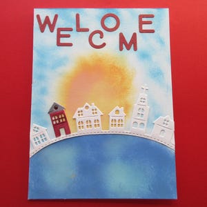 Welkomstkaart (voor de buurt) kaart van 5 x 7 inch, huizen cirkeld rond de aarde terwijl de zon opkomt. * Leuk welkom en mooie gestor.
