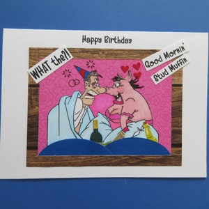 Geburtstagskarte für Erwachsene, handgemacht, "Happy Birthday, Good Mornin' Stud Muffin, WHAT THE!?" lustige Variante auf Geburtstagskarte. Zeit zum Feiern !!