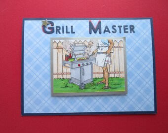 Father's Day Card, "Grill Master", dad cooking on grill in the backyard.