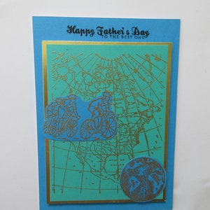 Father's Day Card, "Happy Father's Day, To the best one".  North American and world maps.  Pack of cyclists.