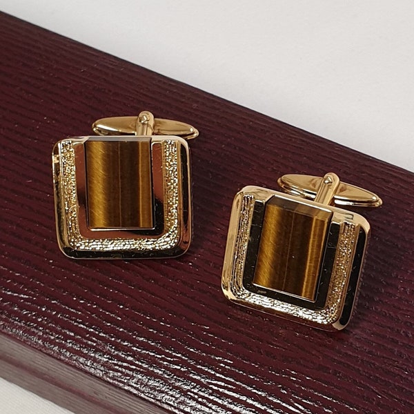 Elegante Manschettenknöpfe Cufflinks Lanvin goldfarben Tigerauge Vintage Eleganz MS123