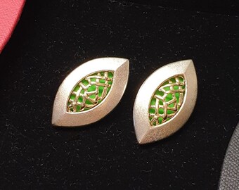 Boucles D'oreilles Vintage Clips émail Vert Foncé - Courbées 1,5 Cm - Comme Neuf