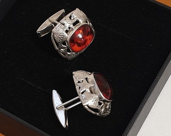 Nostalgische Manschettenknöpfe Fischland Cufflinks Silber 835 Bernstein Fische Seesterne Design Vintage Eleganz MS276