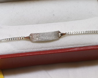 12 / 14 cm Armband Armbändchen Silber 925 mit Gravurplatte Teddy Bär Bärchen Vintage SA469