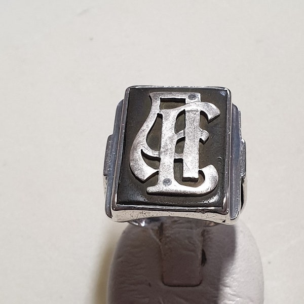 18,1 mm Eleganter Ring Siegelring Silber Lavastein schwarz Buchstaben Initialen "AE" Vintage SR969