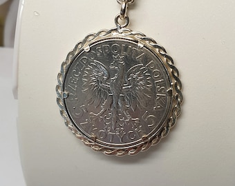 Nostalgischer Anhänger ohne Kette Münze Silber 5 Złotych Polen 1932 mit Fassung Silber 835 Vintage SKA1554