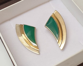 Designer earrings stud earrings silver 925 partially gold-plated chrysoprase plate inlay vintage elegance SO326