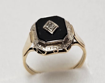 17.3 mm ring signet ring gold 585 onyx inlay black moissanite shabby vintage elegant GR245