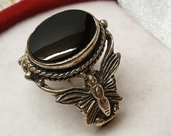 17,7 mm Nostalgischer Ring Silber 925 Onyx schwarz Schmetterling Silberschmiede kunstvoll Shabbystyle Vintage elegant SR1416