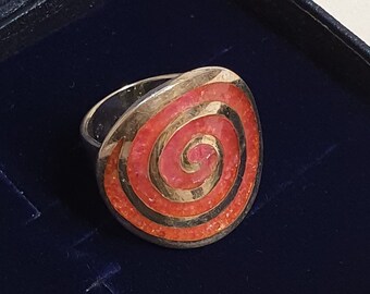 17,5 mm Origineller Ring Silber 925 Spirale Emaille rot außergewöhnliches Design Vintage rar SR966