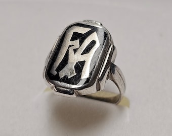 16,7 mm Nostalgischer Ring Siegelring silbern Emaille schwarz Buchstaben Initialen "kA" Shabby Vintage elegant SR1661