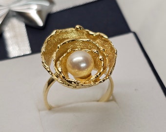 18 mm Extravaganter Goldring Ring Gold 585 Perle weiß elegantes Vintage Design GR223