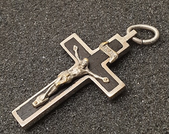 Shabby vintage Art Deco antique cross pendant Inri wood black silver rare unique SKA1615