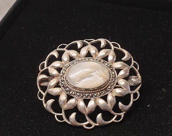 Art Nouveau Shabby Vintage Antique Brooch Pin Karl Karst Silver 800 Mother of Pearl & Marcasites Design Exceptional Rarity SB401